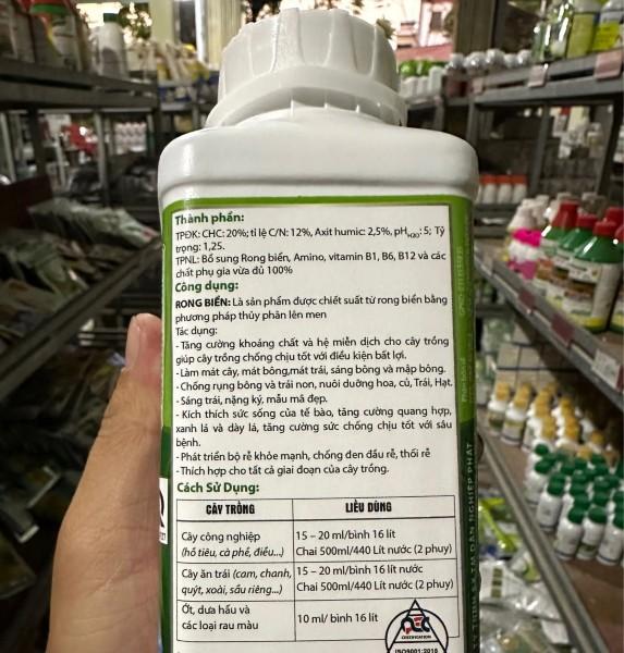 Phân bón Rong biển đậm đặc (chai 500ml) mát bông, mát trái, chống rụng bông trái, tăng cường đậu trái, siêu kích đọt bật chồi cực mạnh, lá to xanh dày bóng mướt, ra rễ cực nhanh, cải tạo đất tơi xốp, phục hồi cây sau thu hoạch, cây suy yếu. 2