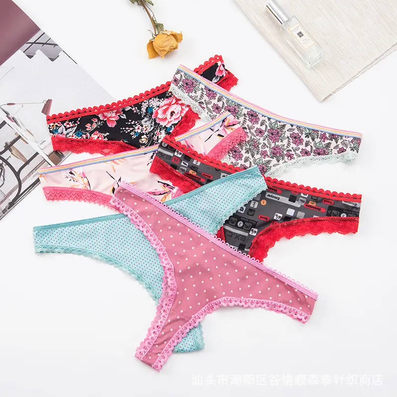 Ice Silk Underwear Women's Lace T-Back Women's European and American Foreign Trade plus Size Printing T-Type Pants Wholesale Factory Direct Sales