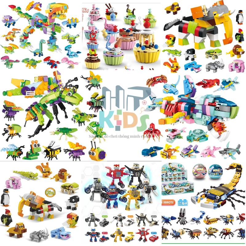 Bộ lắp ráp khủng long, xe cứu hỏa, động vật, 12 con giáp vui nhộn cho bé