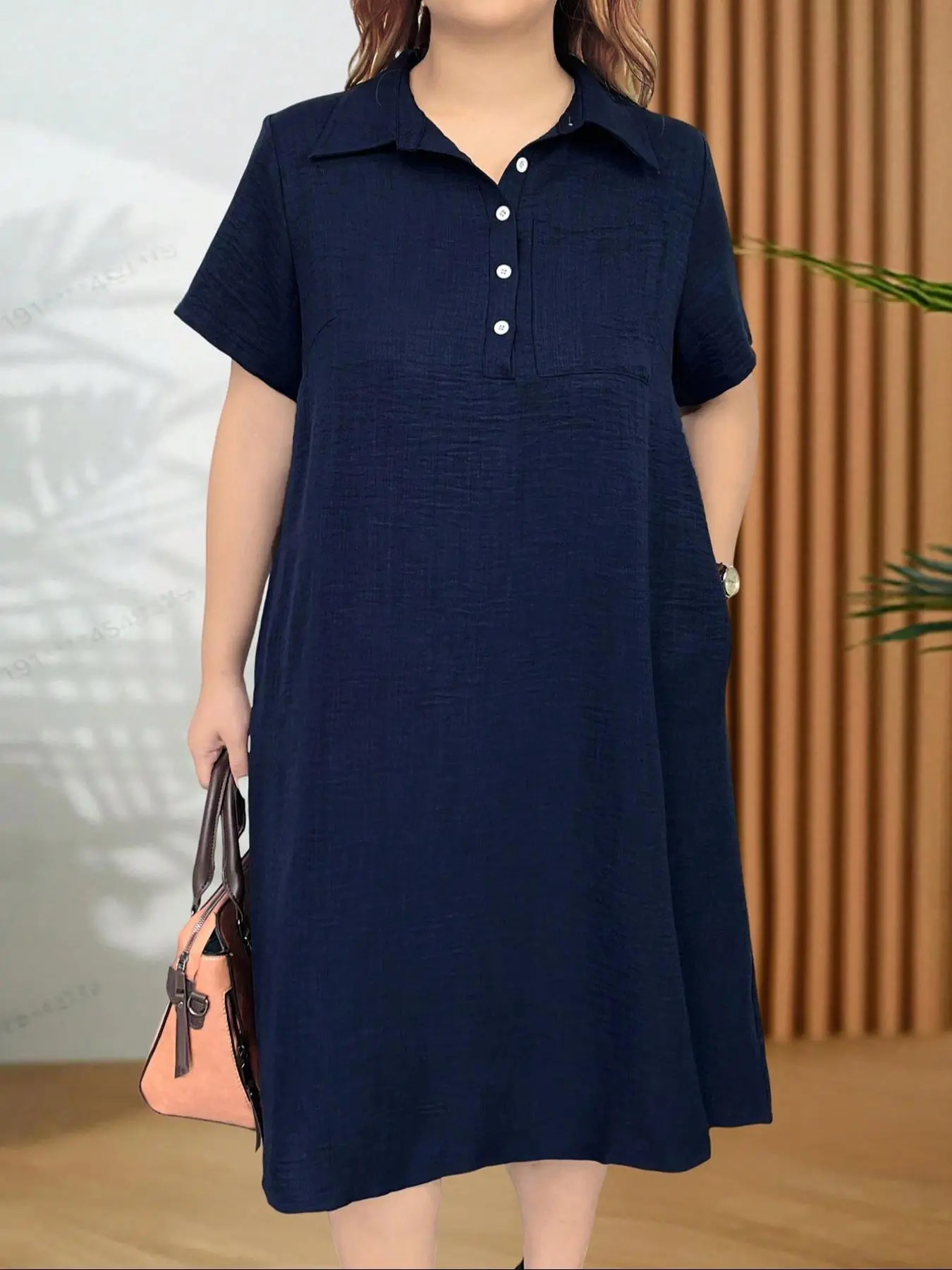 【Plus Size】 Women's Solid Button Front Pocket Tee Dress, Casual Short Sleeve Collared Dress for Summer, Women's Clothing for Daily Wear