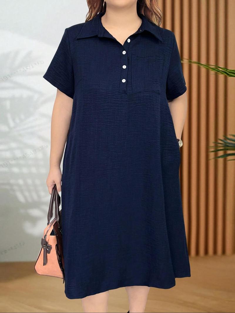 Product Introduction of 【Plus Size】 Women's Solid Button Front Pocket Tee Dress, Casual Short Sleeve Collared Dress for Summer, Women's Clothing for Daily Wear 1