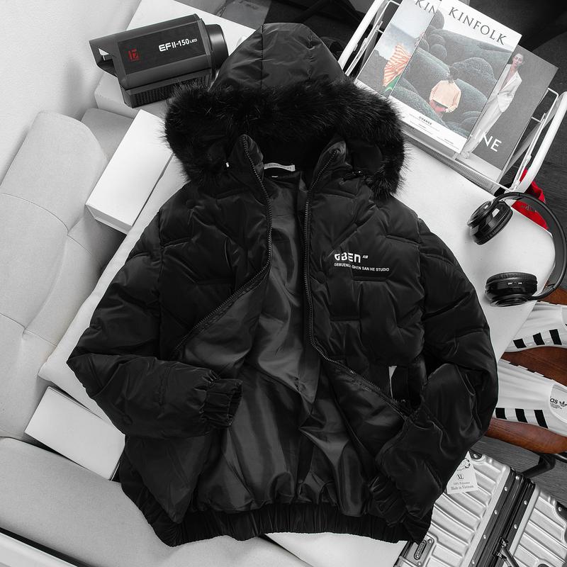 Áo khoác phao nam bóng mũ lông ép nhiệt chữ GBEN , áo khoác nam thời trang mũ tháo rời ấm áp Menswear