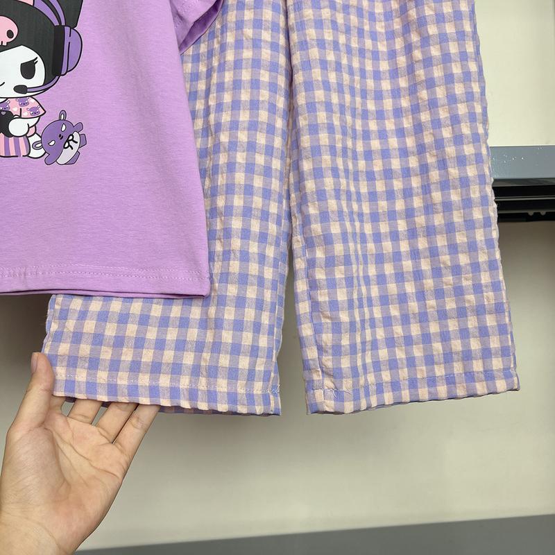 Set bộ áo cộc quần xuông kẻ hình in KUROMI Siêu Hot chất mềm mát cho bé gái 18-40kg LONGNHIKIDS BG192 4