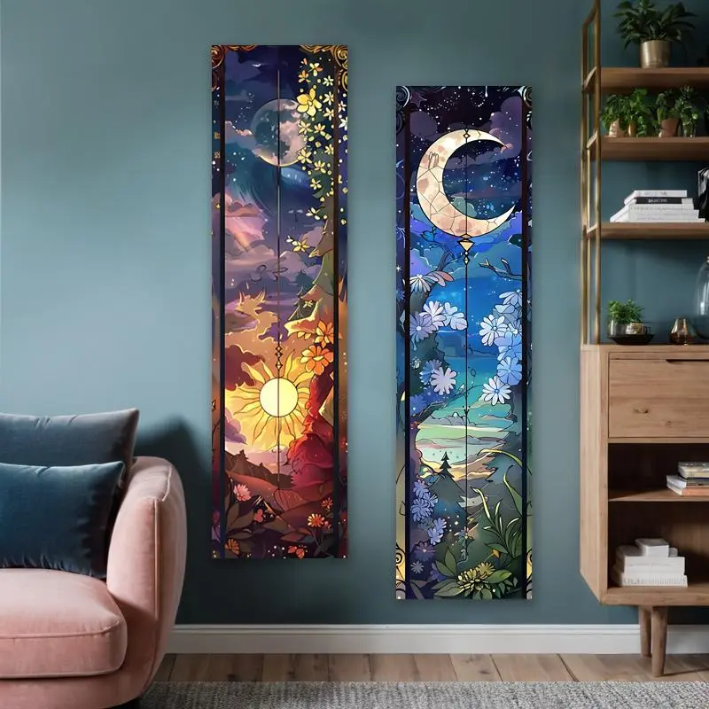Sun & Moon Pattern Design Wall Hanging Tapestry, 2 Counts/set Tree Of Life Flowers Mountain Long Narrow Tapestry, Wall Decor for Home Living Room Bedroom 3