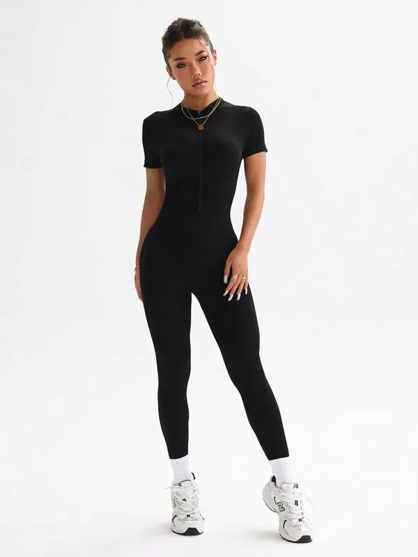 Women's Solid Zip Up Sports Jumpsuit, Sporty Long Sleeve Bodysuit for Yoga Gym Workout, Ladies Sportswear for All Seasons 5