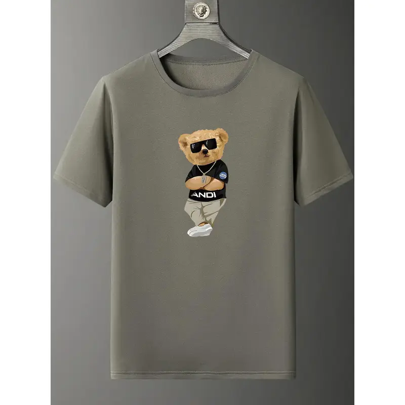 Kaos Penunjuk Arah Creative Cartoon Bear Graphic Print Crew Neck Short Sleeve T-shirt For Men, Breathable Comfy Summer Tops For Daily Wear Work Out And Vacation Resorts kaos  penunjuk 1