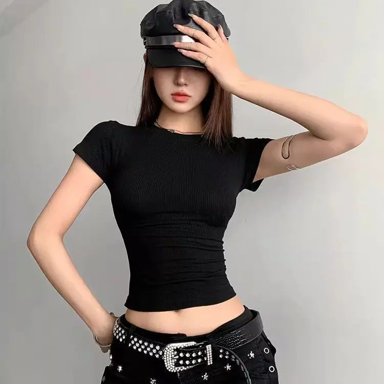 Bottom solid color American short sleeved T-shirt for women's summer 2024 new hot girl pure desire style top Womenswear Lingerie Lady