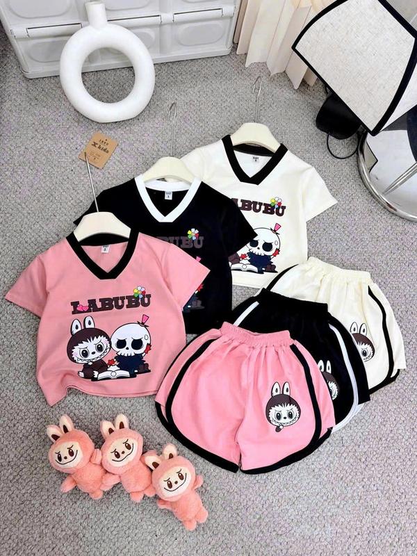 2-14 TUỔI. Bộ cộc tay mùa hè cho bé gái in hình labubu vải cotton (không kèm gấu) M14