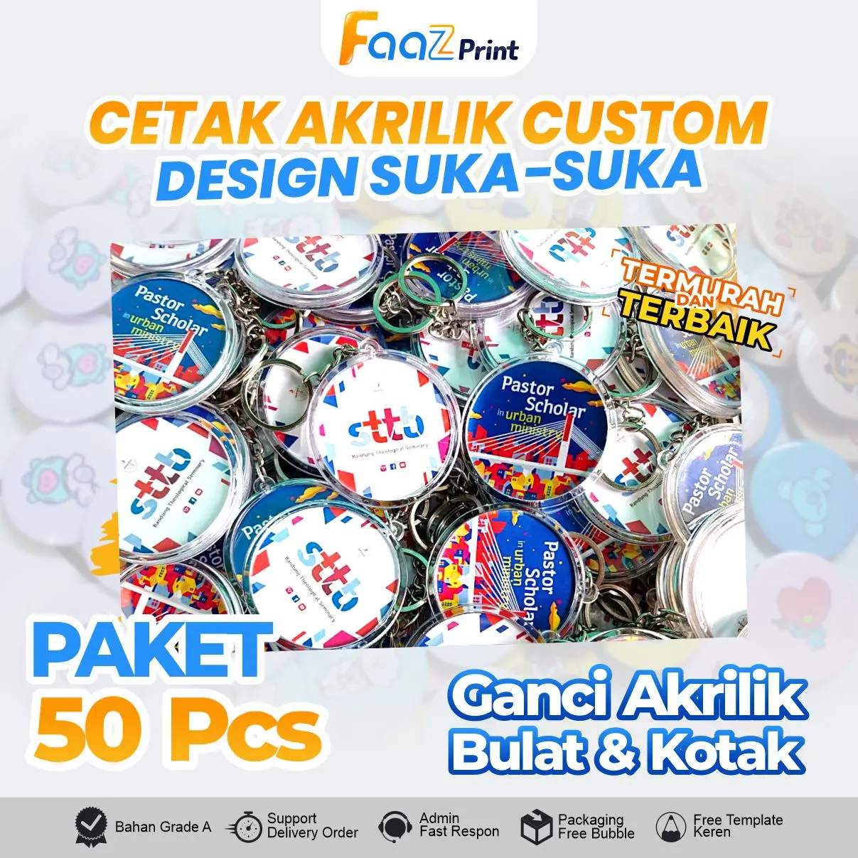 (PAKET 50 pcs 1 HARI JADI) GANTUNGAN KUNCI AKRLIK BULAT DAN KOTAK Bolak Balik 2 Sisi Ganci Akrilik