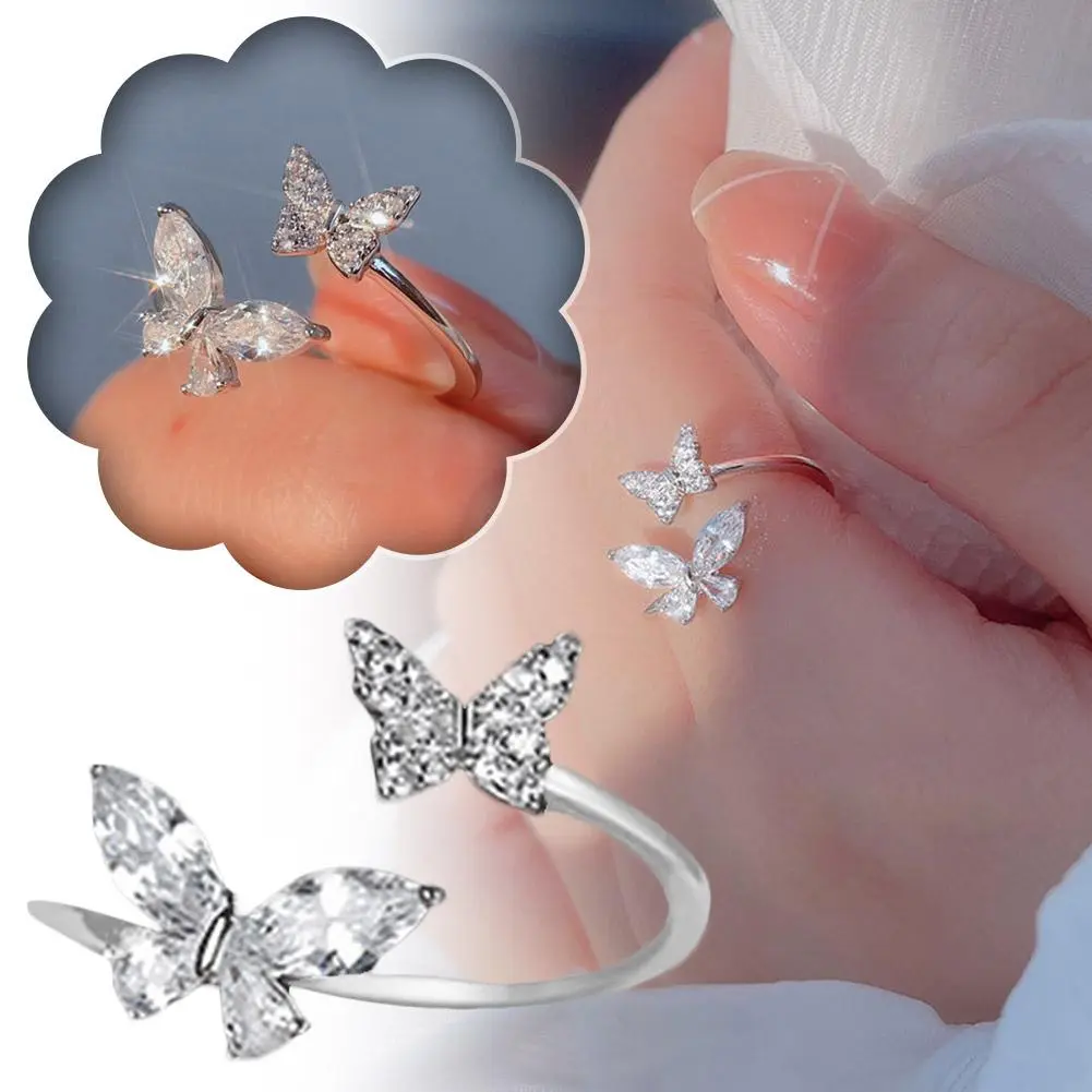 Sparking Double Butterfly Adjustable Ring Butterfly Design Daily Ocassion White Finger Accessory Gifts For Women