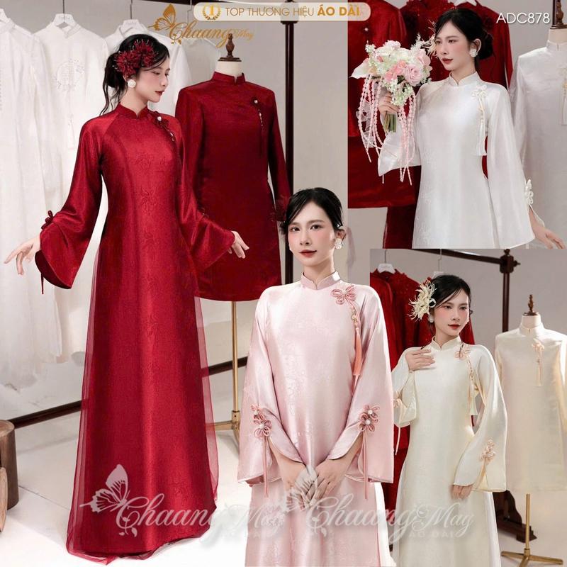  Áo dài cưới cặp đôi cô dâu chú rể gấm Phượng ADC878 may sẵn nam nữ dáng suông dự tiệc hỏi lễ tết đẹp 
