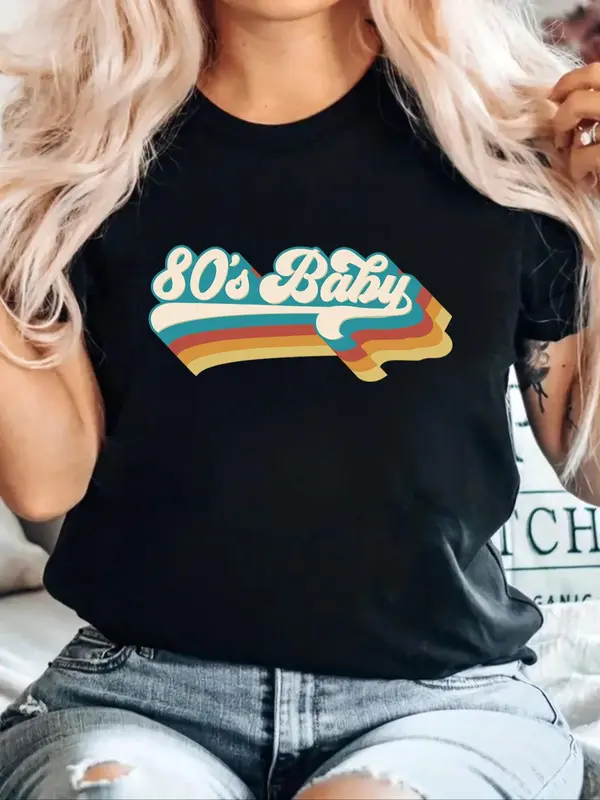Women's "80s Baby" Letter Print Round Neck Graphic Tee, Vintage Trendy Casual Short Sleeve T-shirt For Daily Wear, Ladies All Seasons Clothes 0