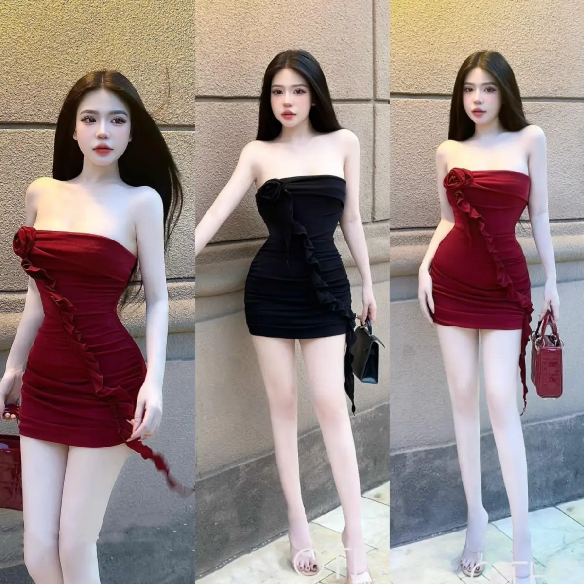 Đầm body nhún cúp ngực đính hoa tôn dáng