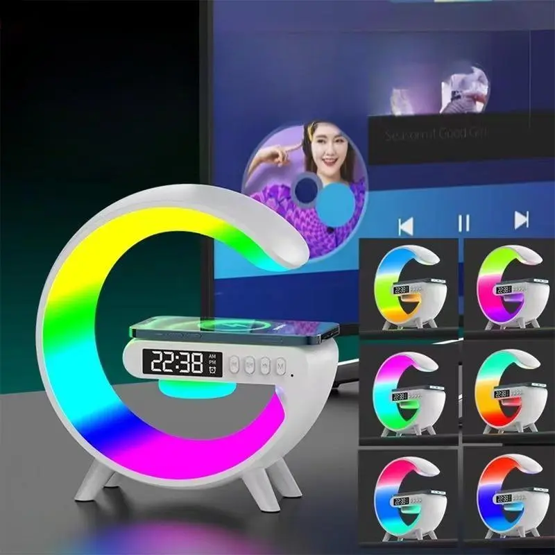Ritm musik RGB speaker G63 Light al Speak 10W mobile wireless charger mendukung masukan AUX kartu TF Jam Led Ponsel Telepon Lighting Putih 1