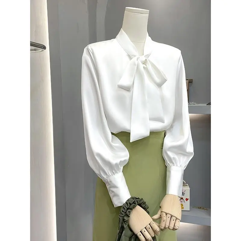 2025 Autumn New High-end French Style Satin Bowknot Professional Long Sleeve Shirt Blouse for Women Summer221325