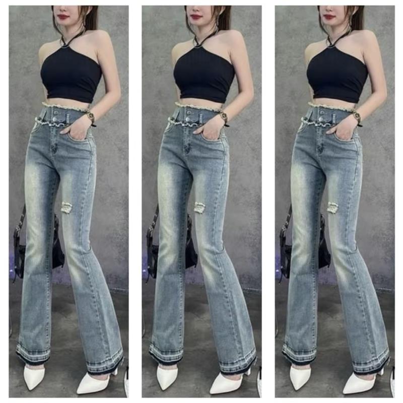 Quần jeans nữ ống loe co giãn lưng cao bản to lai tua kiểu phối màu, quần bò jean nữ ống loe phủ màu bụi rách nhẹ  Hottrend TH901