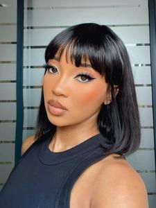 10 Inch Short Bob Wig with Bangs, Human Hair Straight Black Wigs, Natural Looking Wigs for Women, Daily Life Use