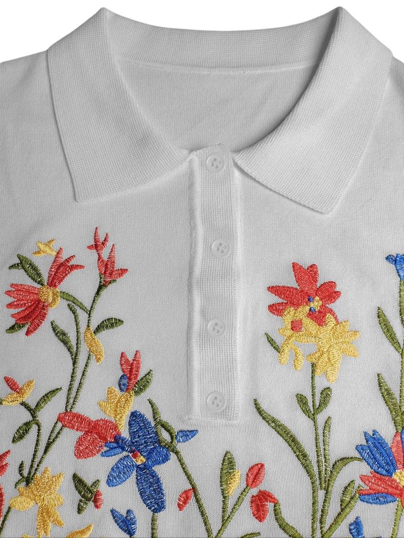 Product Introduction of Women's Floral Embroidery Curved Hem Short Sleeve Tee, Elegant Casual Crew Neck T-shirt for Summer, Fashion Women's Top for Daily Wear 6