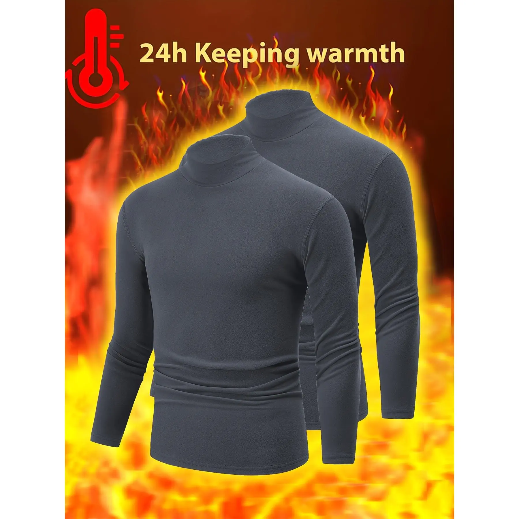 2-piece men's warm fleece high neck long sleeved shirt - moisture wicking, breathable sports bottom layer, suitable for autumn and winter seasons