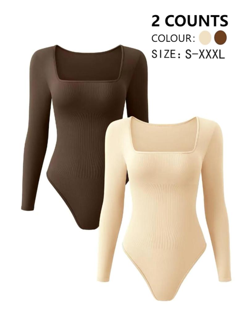 Product Introduction of Women's Solid Square Neck Long Sleeve Shapewear Bodysuit, Casual Comfy Button Closure Crotch Tummy Control Butt Lift Shaper, Ladies Shapewear for Daily Wear 7