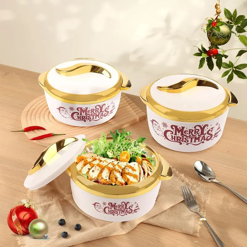 Christmas Themed Food Warmer Set, 3 Counts/set Including 1.5L/2L/2.5L Thermal Casserole Dish with Lid, Insulated Stainless Steel Container for Hot & Cold Food 0