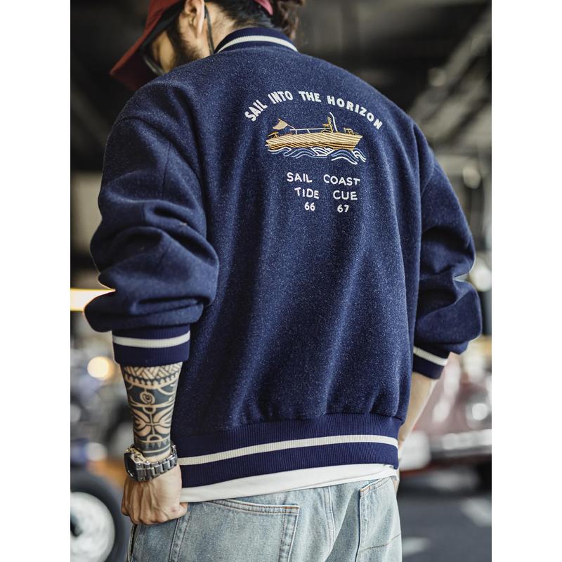 Áo Khoác Bóng Chày Dệt Kim Phong Cách Cổ Điển Mỹ Quần Áo Lao Động Maden Màu Xanh Thêu Kháng Cách Thiết Kế Khối Màu Áo Khoác Ngắn Dành Cho Nam Giới Phong Cách Mùa Thu.