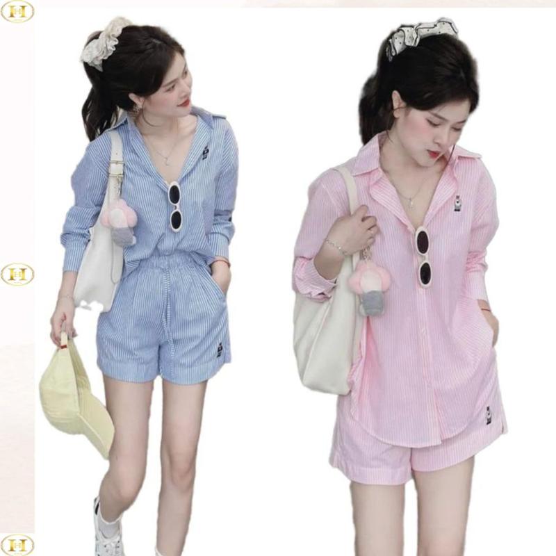 [Có tách lẻ] Set Bộ kẻ sọc thêu cún gồm áo sơ mi và quần đùi chất thô mềm, có túi, size 40-60kg, hot trend xuân hè 2025 - Top WomenStore 0