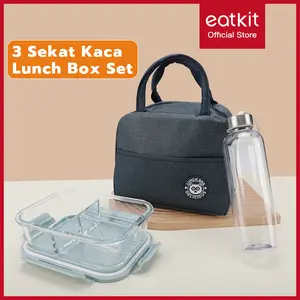 Eatkit 3 - in - 1 Set: Thermal Lunch Bag + 1000ml Kaca Tahan Panas Lunch Box (3 Sekat) + 500ML Botol Minum. Bahan PP + Kaca Boron Tinggi, Kedap Udara, Tahan Pecah. Cocok untuk Kantor, Makanan Tetap Segar. Warna Biru & Pink, Ideal untuk Pekerja Kantor