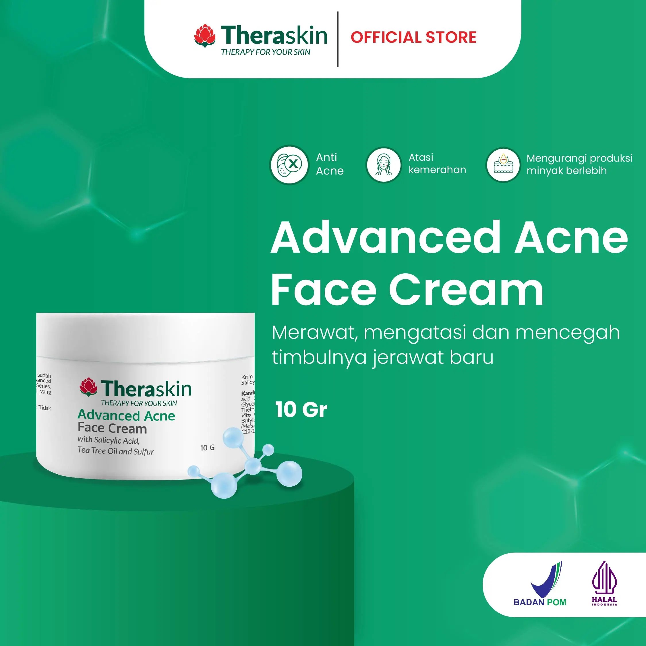 Theraskin BPOM Advanced Acne Face Cream - Krim Anti-Acne untuk Kulit Berjerawat dan Bruntusan dengan Salicylic Acid, Tea Tree Oil, dan Sulfur