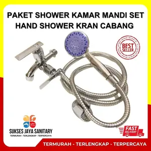 5 in 1 Paket Shower Kamar Mandi Set Hand Shower Kran Cabang Stainless Drat 1/2" Plastik Selang Air