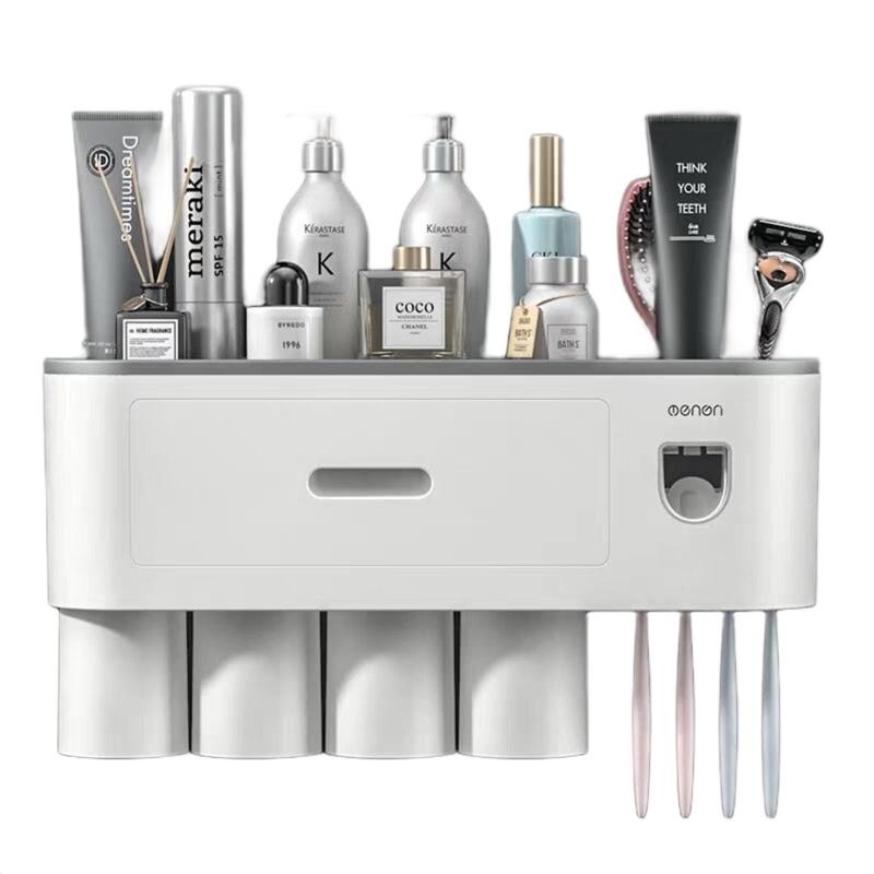  Bộ Nhả Kem Đánh Răng Tự Động Oenon  gồm miếng dán tường  - Kệ Để Bàn Chải Đánh Răng Cao Cấp - 5 Cốc 28cm x 22cm x 12cm Đựng Bàn Chải Nhà Tắm 