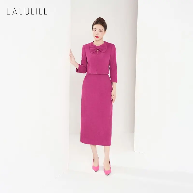 LALULILL Set nữ Áo vest dáng crop cổ nơ & Chân váy dáng suông dài nhung tăm hồng sen- LAK2438703 & LCV2442403 6