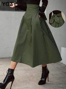 YOZY Women's Solid Knot Back Pocket Skirt, Elegant Fashion Casual Midi Skirt for Daily Outdoor Wear, Women's Bottoms for All Seasons