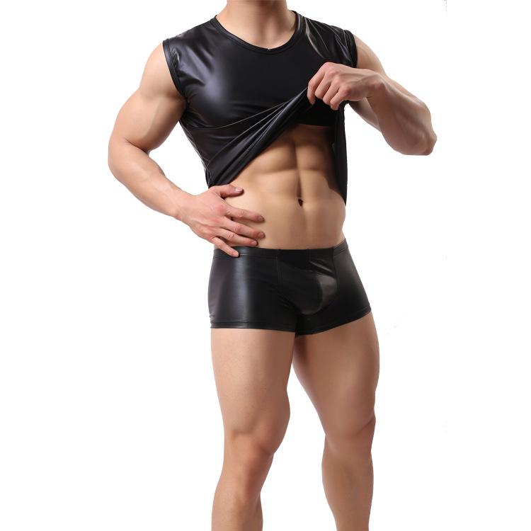 Product Introduction of New Men's Faux Leather Vest Comfortable round Neck Patent Leather Wide Shoulder Sleeveless Black Summer Hot-Selling Style inside Yiku Menswear Tops 6