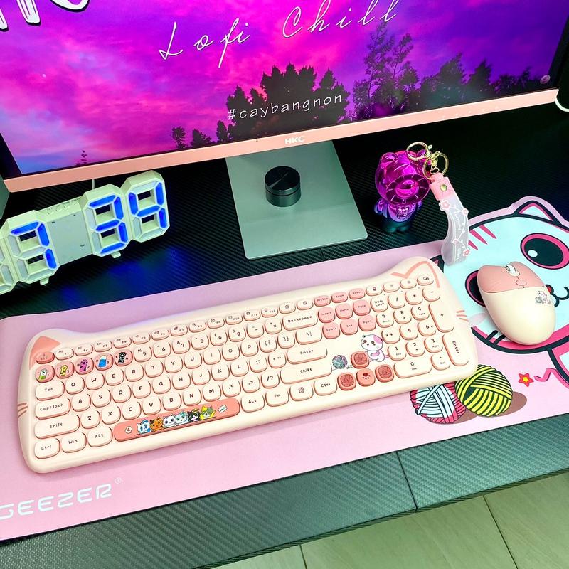 Bộ bàn phím và chuột không dây MOFII KITTY PLUS full size 104 phím với hình dáng tai mèo dễ thương kết nối bằng chip USB