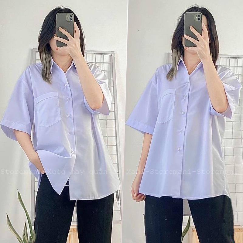 Áo sơ mi nữ form rộng tay ngắn lỡ kiểu dáng basic màu trắng dáng suông style đi học sinh viên có túi Top Voi Shirt Women