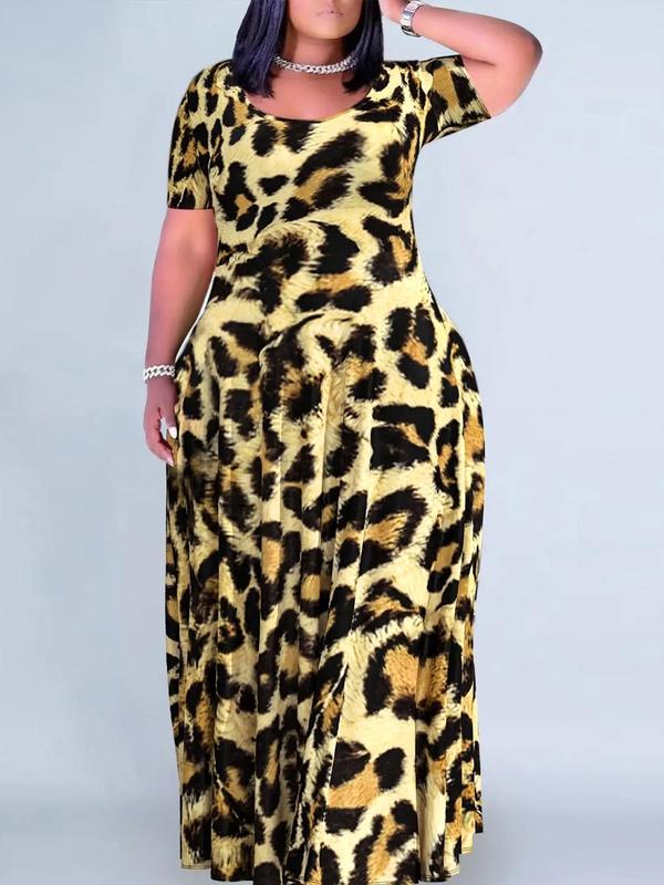 【Plus Size】 All Over Print Round Neck Dress, Casual Short Sleeve Dress for Summer, Women's Plus Clothing for Daily Wear 3