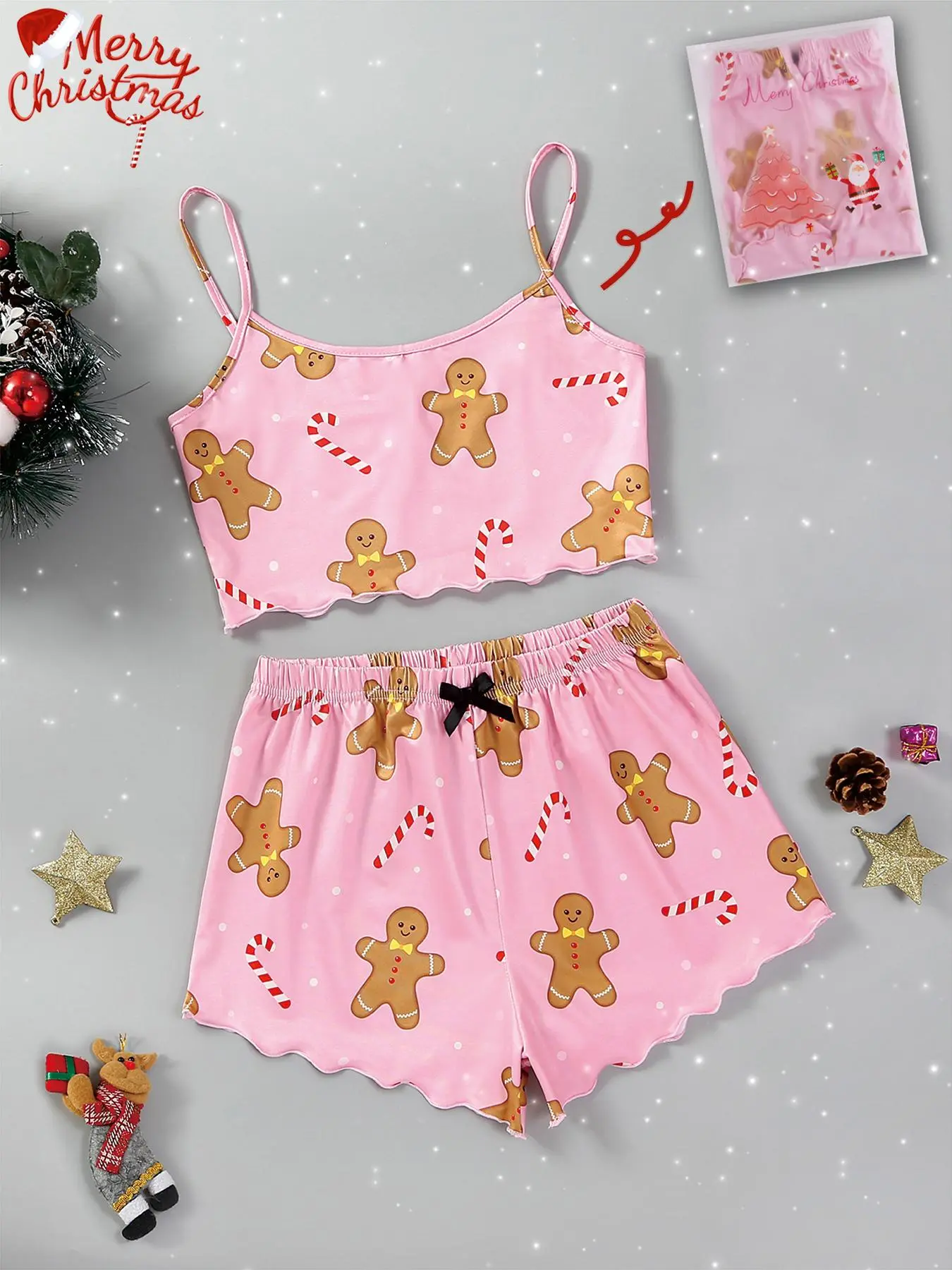 Two Pieces Women's Halloween Themed Matching Pajamas Set, Pyjamas for Women, Loungewear Set, Cartoon Print Sleeveless Cami Top & Bow Shorts Co-ord Set, Stocking Filler, Scallop Trim Cropped Camisole & Bottoms Pj Sets, Valentine's Day Gift for Girl