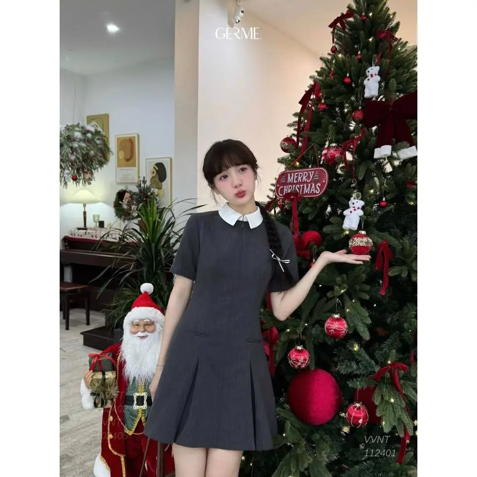 GERME | DESIGN Đầm nữ Slion Dress phối cổ trắng khóa kéo trước xếp ly hai bên hông, Đầm dự tiệc thanh lịch VVNT112401