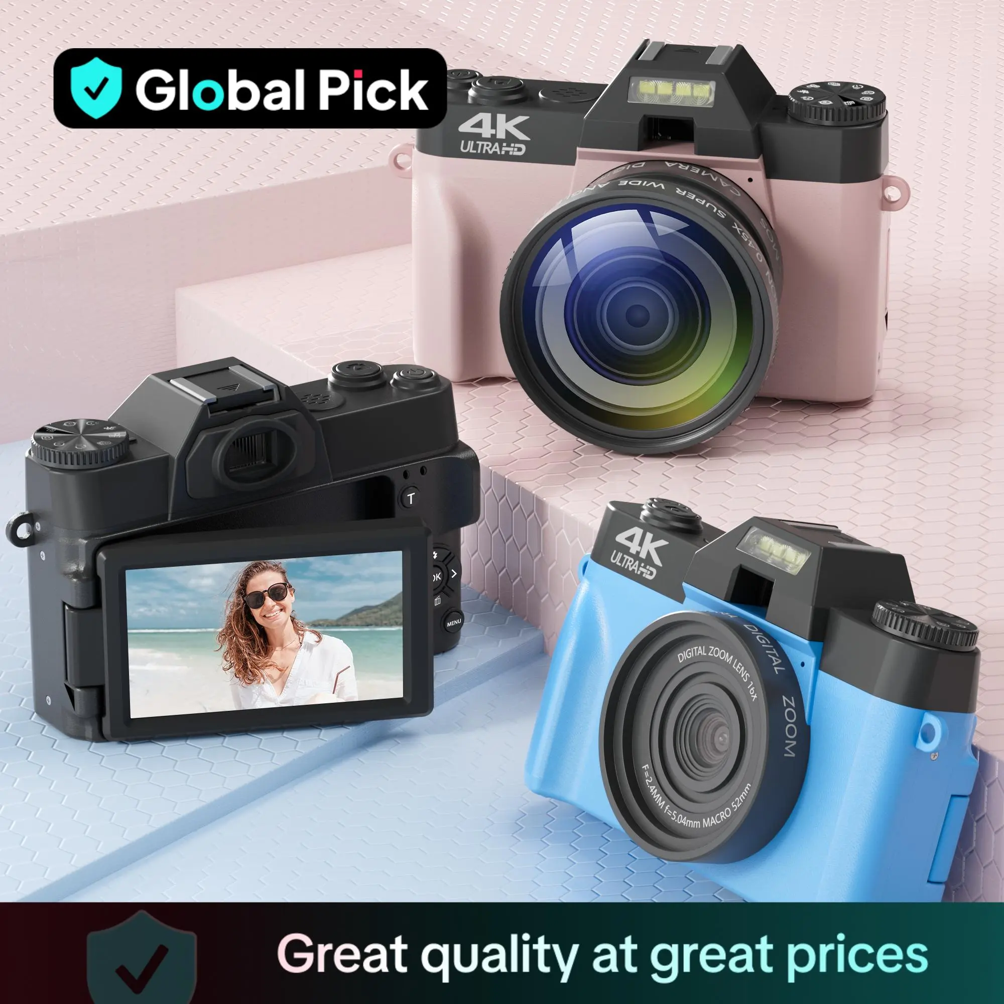 GLOBAL PICK 4K Digital Camera with 180° Flip Screen, 16X Digital Zoom Vlogging Camera, Autofocus Camera, Including Wide Angle & Macro Lens, 32GB TF Card, Ideal Gift Choice, Photographic Kit, Video