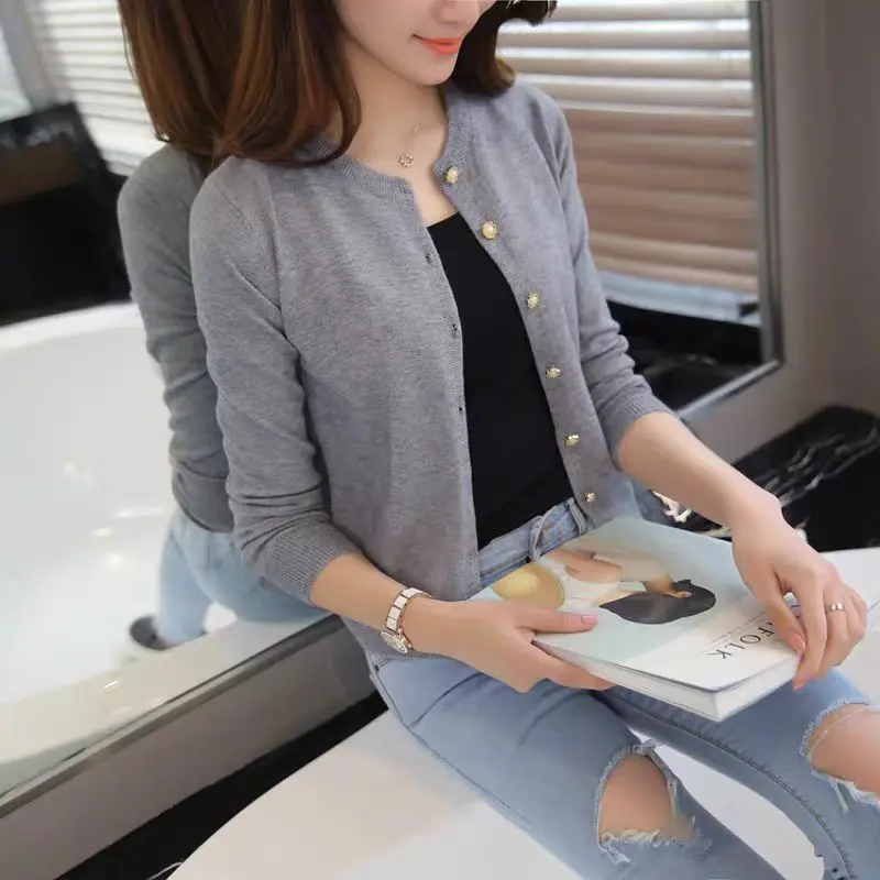Áo Cardigan Dệt Kim, Khóa Ngọc Trai, Dành Cho Nữ, Cỡ Nhỏ Có Thể Mặc Ngoài Trời, Chất Liệu Len, Dài Ngắn, Thích Hợp Cho Mùa Xuân Và Mùa Thu, Màu Trơn Áo Khoác Len 5