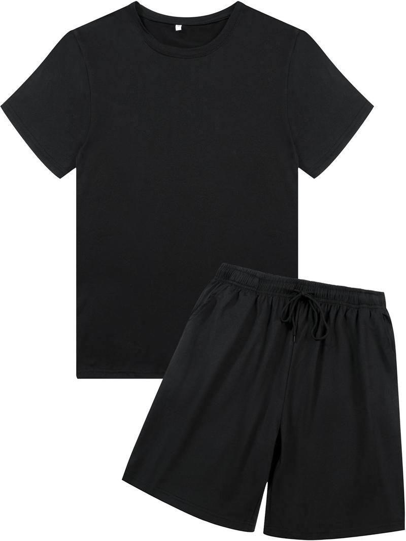 Product Introduction of 2 Piece Set Men's Solid Round Neck Tee & Drawstring Waist Shorts Set, Regular Fit Crew Neck Short Sleeve T-shirt & Pocket Shorts, Casual Fashion Cozy Breathable Men Two-piece Outfits for Summer 11