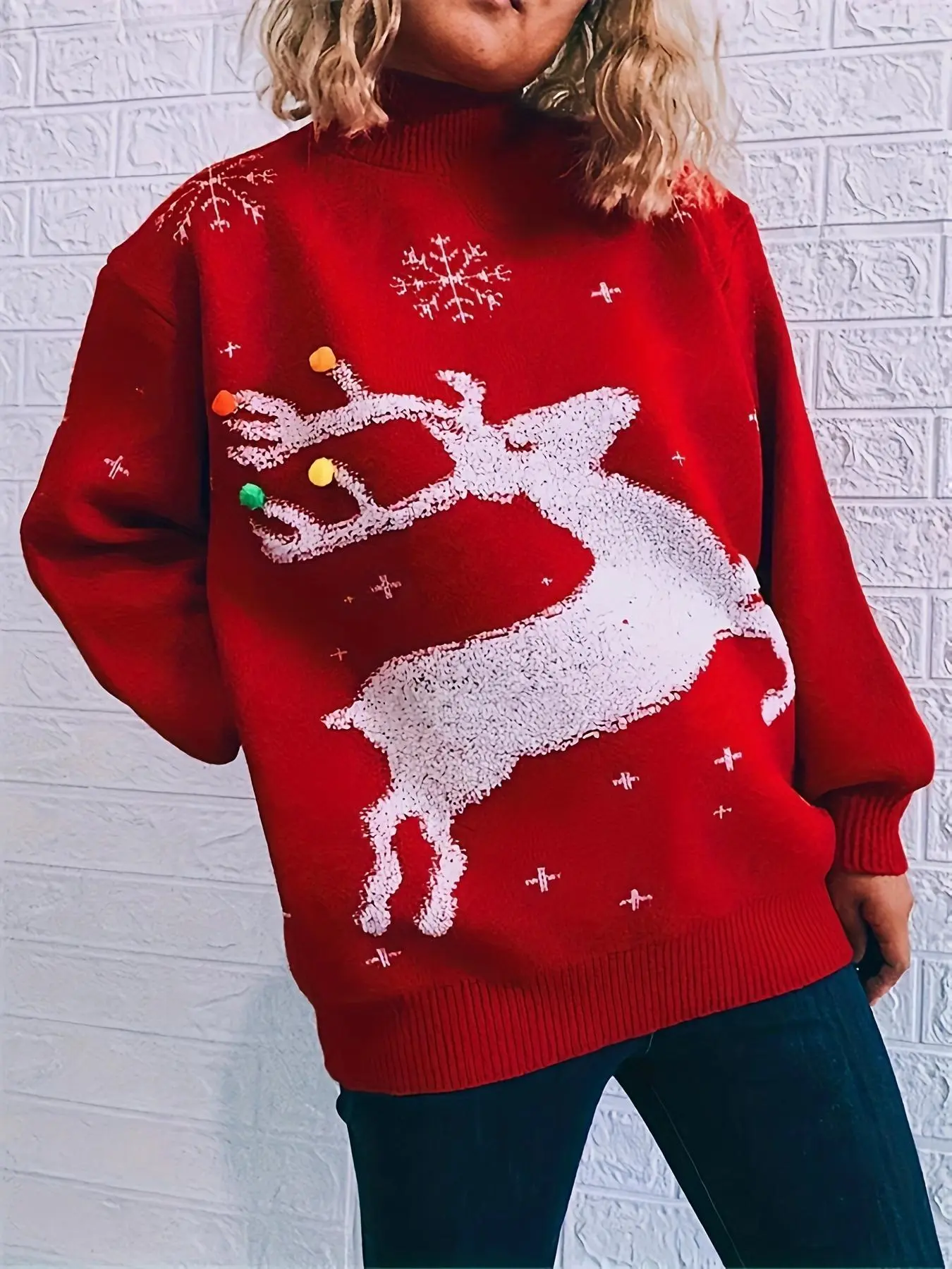 【Plus Size】 Christmas Cartoon Reindeer & Snowflake Print Drop Shoulder Sweater Pullover, Casual Long Sleeve High Neck Jumper for Fall & Winter, Women's Plus Clothing for Daily Wear