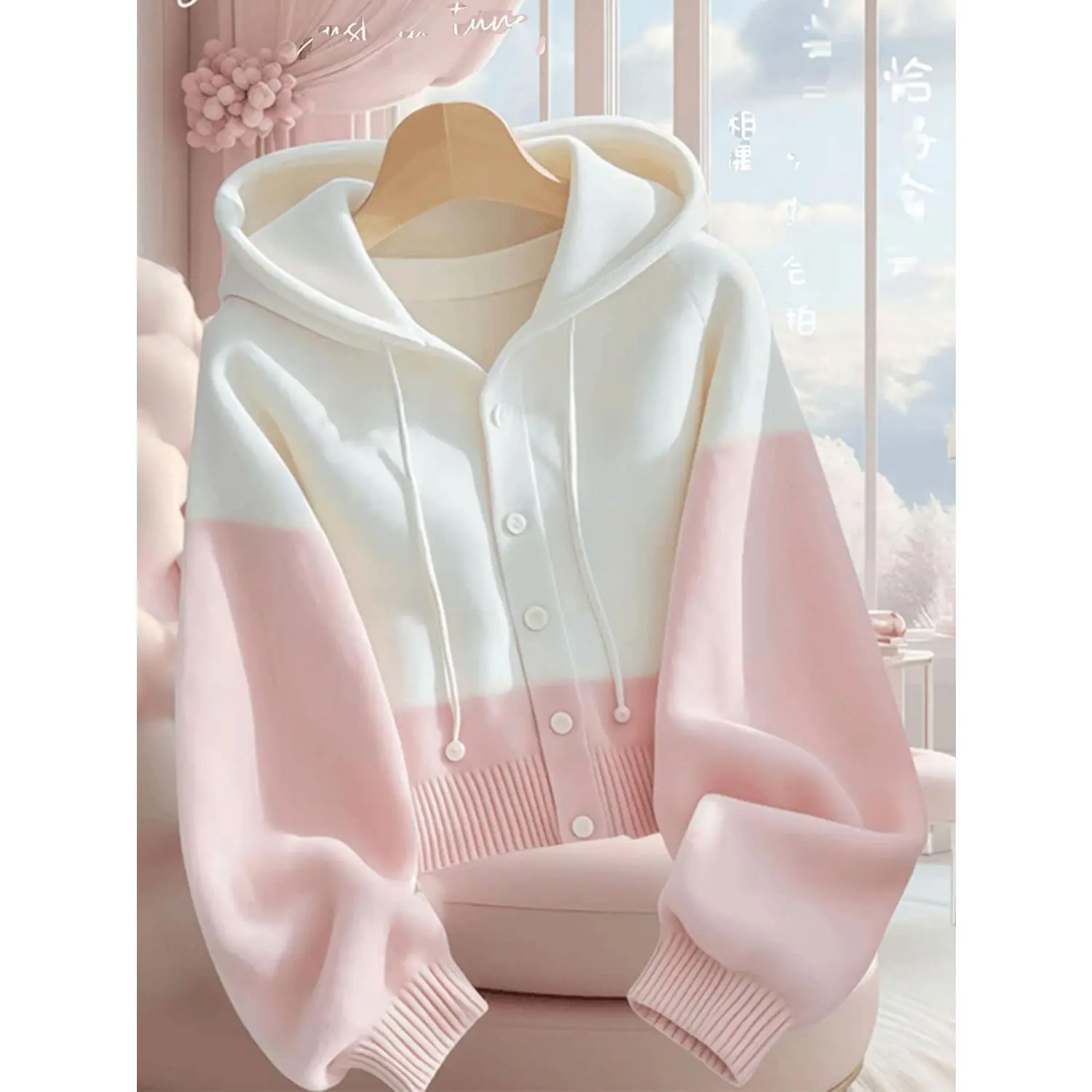 Áo Len Cardigan Dệt Kim Có Mũ Trùm Đầu, Màu Hồng Và Trắng, Dành Cho Nữ, Phong Cách Hàn Quốc, Áo Mùa Thu Và Mùa Đông, Hàng Mới Về 2024, Áo Khí Quyển
