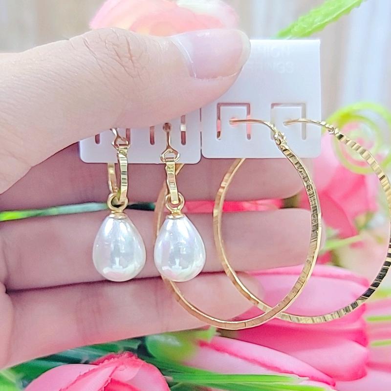 Bông tai đồng đỏ vòng tròn và bông ngọc trai giọt nước màu vàng 750 miền tây Phụ Kiện