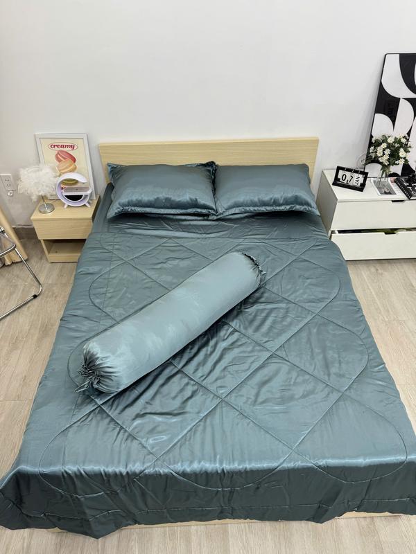 Bộ Chăn Gra Phi Lụa 5 Món Màu Xanh Đá - Set 4 món không mền , set 5 món có mền