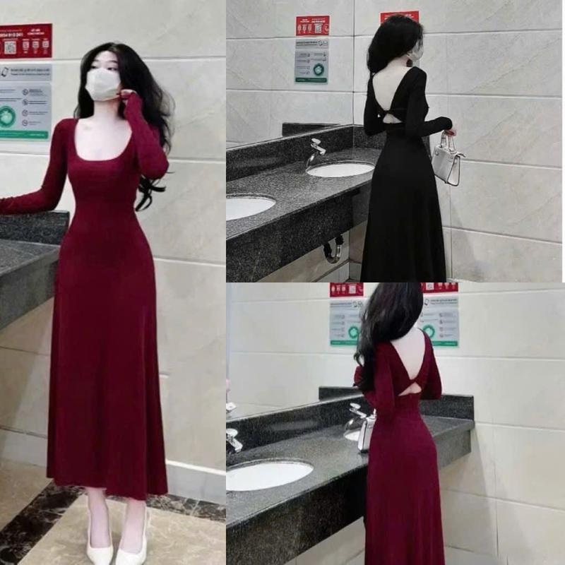 Đầm nữ cổ u tay dài dáng xoè xoắn hở lưng xinh xắn - thun gân lạnh BB711 Váy boby , váy body nữ tôn dáng , váy xinh , váy đi tiệc , váy đi biển