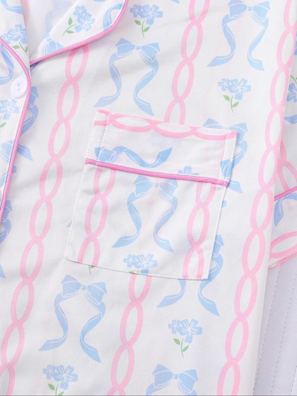 Women's Bowknot Print Lapel Neck Top & Elastic Waist Shorts Pyjama Two-piece Set, Casual Comfy Short Sleeve Top & Shorts Pj Set, Ladies Summer Sleepwear, Loungewear, Pajamas 6