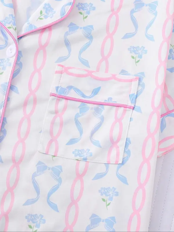 Women's Bowknot Print Lapel Neck Top & Elastic Waist Shorts Pyjama Two-piece Set, Casual Comfy Short Sleeve Top & Shorts Pj Set, Ladies Summer Sleepwear, Loungewear, Pajamas 6
