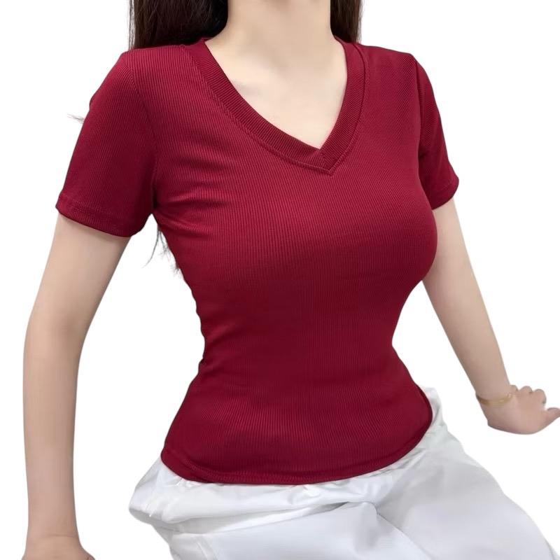 ￼Áo Thun Nữ Tay Ngắn Kiểu Cổ Tim TRANGCLOTHINGG Phong Cách Basic A51145 - 2 CHẤT VẢI CAO CẤP 0